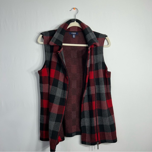 CHAPS Ralph Lauren Buffalo Check Plaid Red Black Asymmetrical Full Zip Vest Sz M - Picture 4 of 13